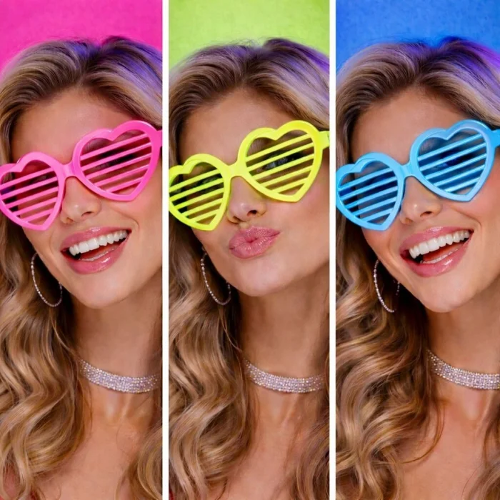 BUĞZ Retro Neon Fosforlu Kalp Panjur Gözlük 12 Adet – 80’ler 90’lar Parti Stili