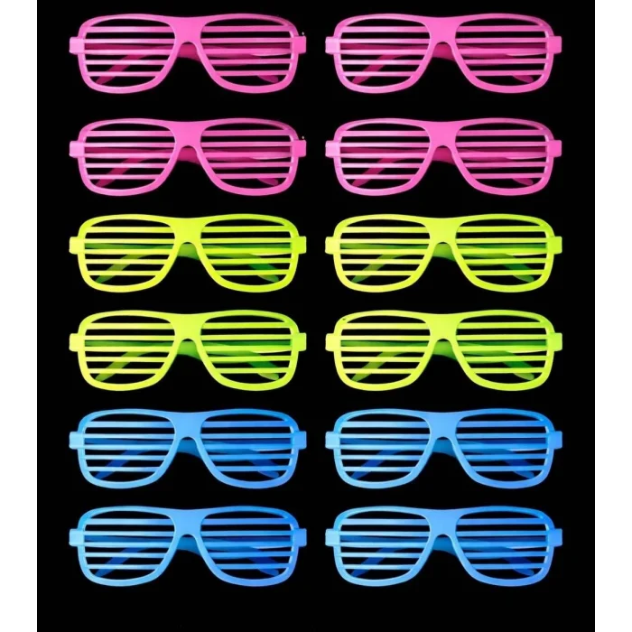 BUĞZ Retro Neon Fosforlu Panjur Gözlük 12 Adet – 80’ler 90’lar Parti Stili