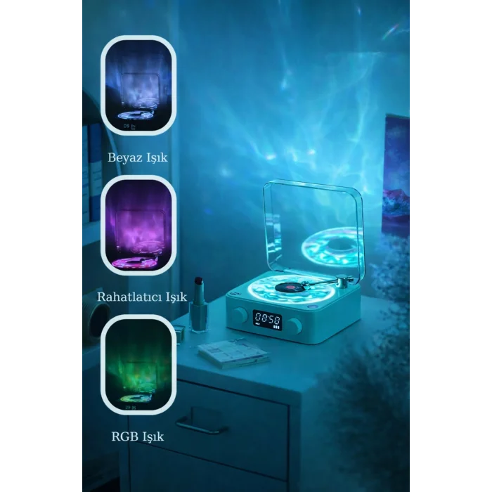 BUĞZ Retro Tasarımlı Bluetooth Bağlantılı Plak Çalar, 3D Ses Dalgası ve Subwoofer Özellikli