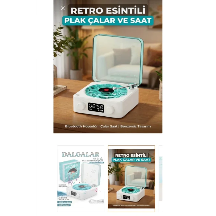 BUĞZ Retro Tasarımlı Bluetooth Bağlantılı Plak Çalar, 3D Ses Dalgası ve Subwoofer Özellikli