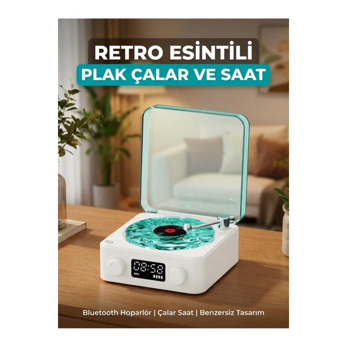 BUĞZ Retro Tasarımlı Bluetooth Bağlantılı Plak Çalar, 3D Ses ve Subwoofer Özellikli Beyaz Pikap