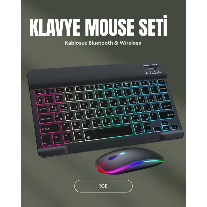  RGB Aydınlatmalı Şarjlı Kablosuz Klavye ve Mouse Seti – Modern ve Kompakt Tasarım