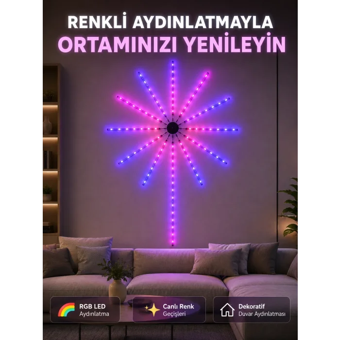 BUĞZ RGB Fireworks LED Dekoratif Duvar Lambası İç Mekân Telefon Kontrollü Ortam Aydınlatması