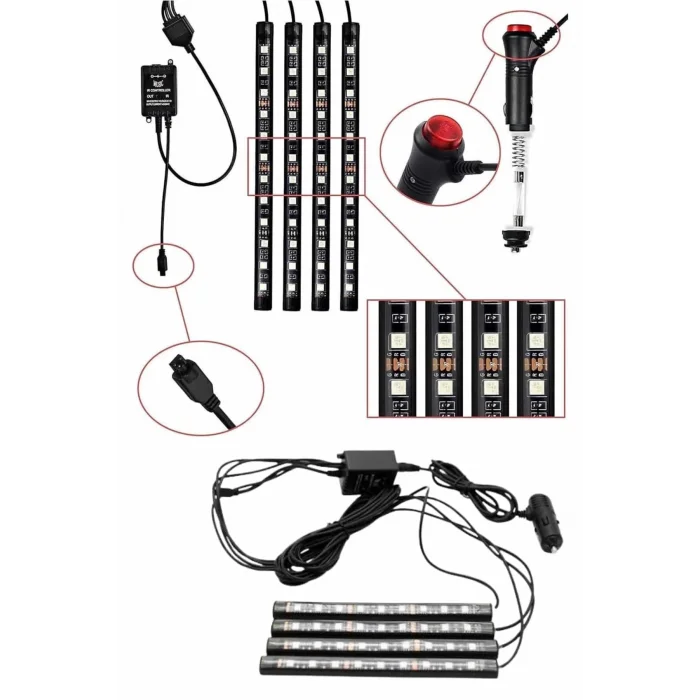  RGB Işıklı Araç İçi Aydınlatma Kumandalı 12li Led Işık Renk Değiştirebilen