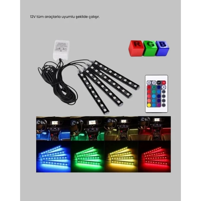BUĞZ RGB Müzik Kontrollü Araç LED Işık Seti 48 LED 12V Uzaktan Kumandalı