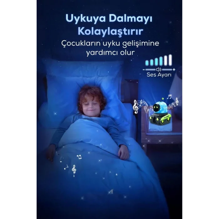 BUĞZ Robot şekilli siyah plastik şarjlı müzikli projektör gece lambası 16 x 14 cm - 16 x 14 Boyut/Ebat