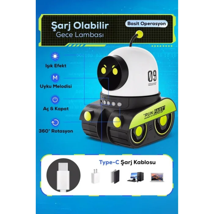 BUĞZ Robot şekilli siyah plastik şarjlı müzikli projektör gece lambası 16 x 14 cm - 16 x 14 Boyut/Ebat