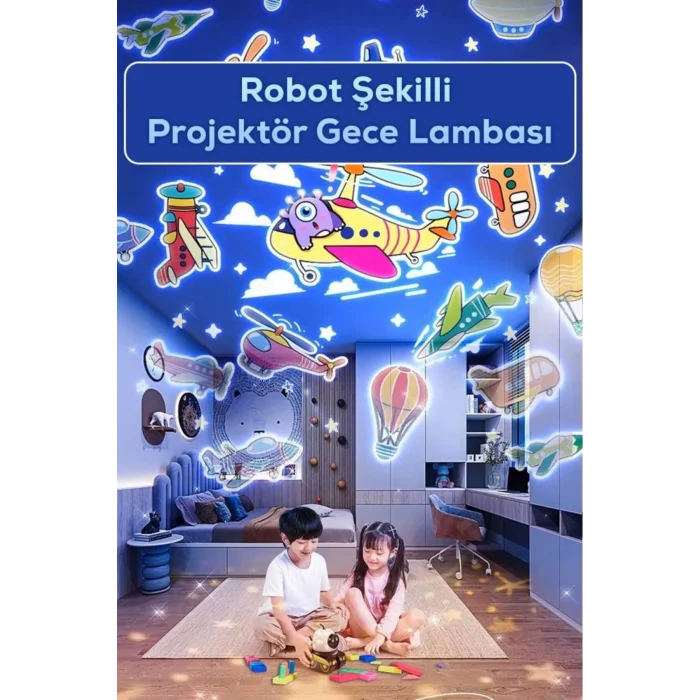 BUĞZ Robot şekilli siyah plastik şarjlı müzikli projektör gece lambası 16 x 14 cm - 16 x 14 Boyut/Ebat