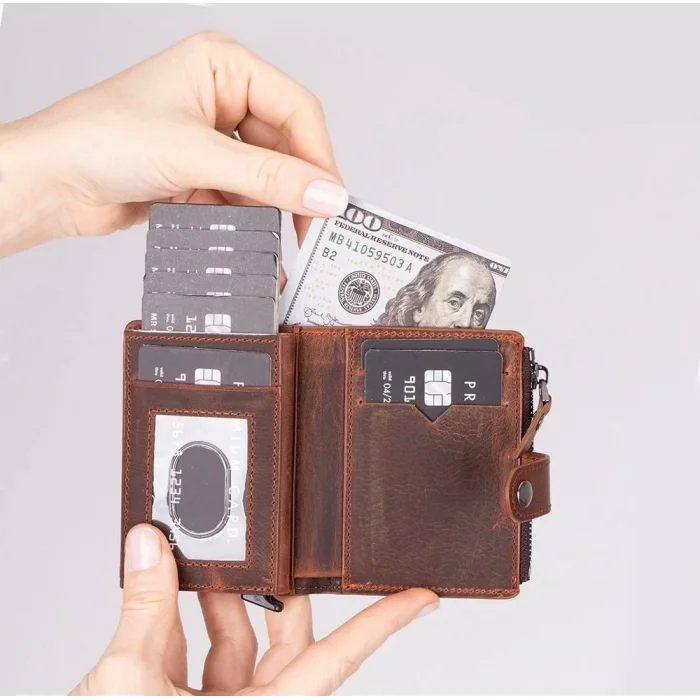 BUĞZ Rodos Hakiki Deri, El Yapımı, Pop-Up Kartlık Cüzdan, Antik Kahve