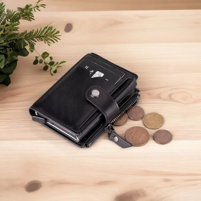 BUĞZ Rodos Hakiki Deri, El Yapımı, Pop-Up Kartlık Cüzdan, Parlak Siyah