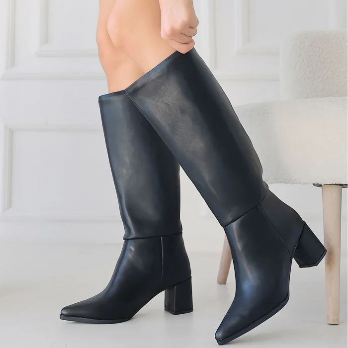 BUĞZ Roksa Siyah Cilt Topuklu Çizme - Lisinya