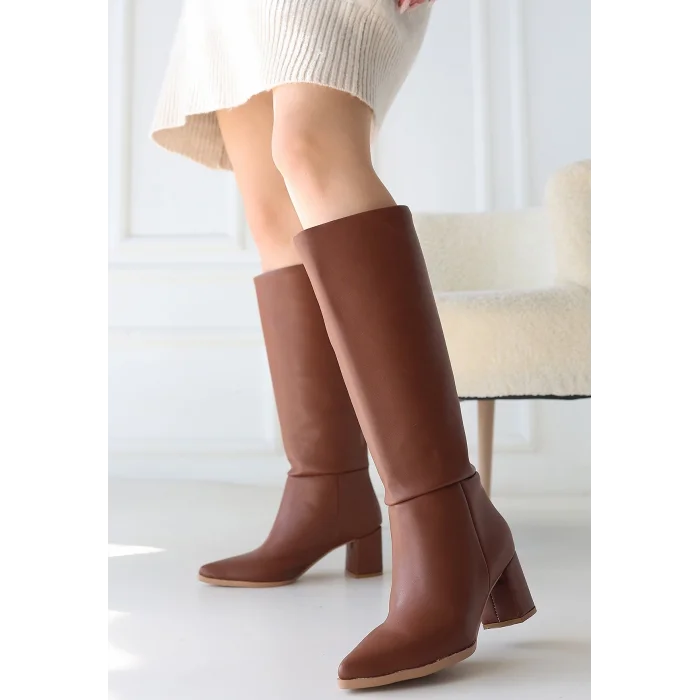 BUĞZ Roksa Taba Cilt Topuklu Çizme - Lisinya