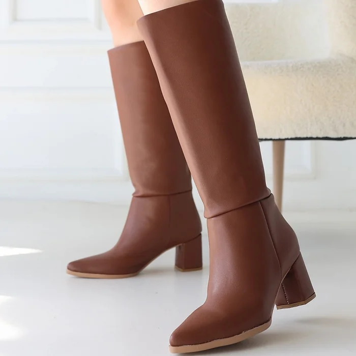BUĞZ Roksa Taba Cilt Topuklu Çizme - Lisinya