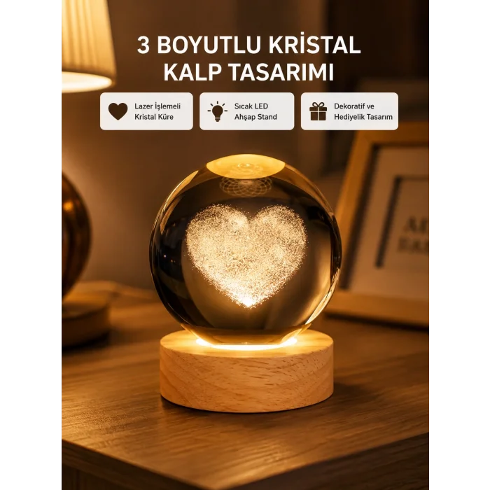 BUĞZ Romantik Kalpli Kristal Cam Küre USB’li Işıklı Dekoratif Obje