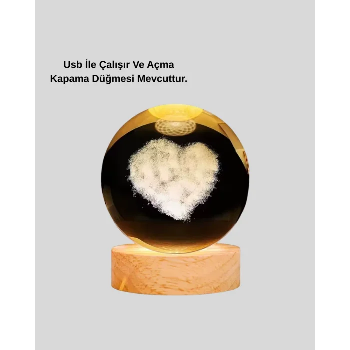 BUĞZ Romantik Kalpli Kristal Cam Küre USB’li Işıklı Dekoratif Obje
