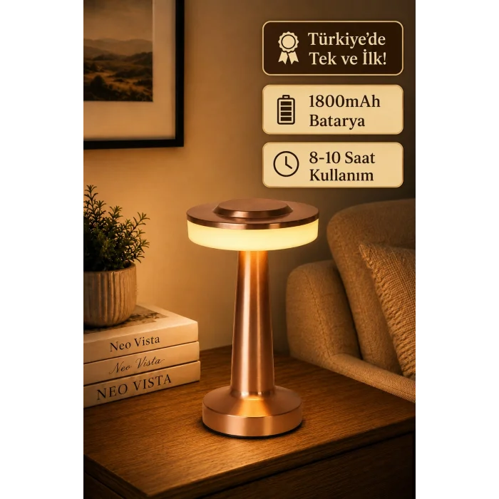 BUĞZ Rose Gold Dokunmatik Şarjlı Masa Lambası Dim Edilebilir Dekoratif Kablosuz Abajur