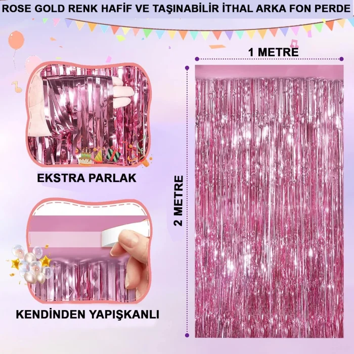 BUĞZ Rose Gold Renk Ekstra Metalize Parlak Saçaklı Arka Fon Perde İthal A Kalite 1x2 Metre