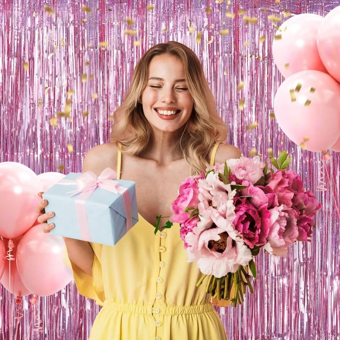 BUĞZ Rose Gold Renk Ekstra Metalize Parlak Saçaklı Arka Fon Perde İthal A Kalite 1x2 Metre