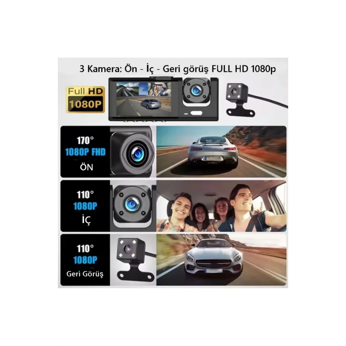  S-1 1080p Araç içi Kamera 3 Kameralı ( Ön Görüş - Geri görüş - İç Görüş ) Gece Görüşlü