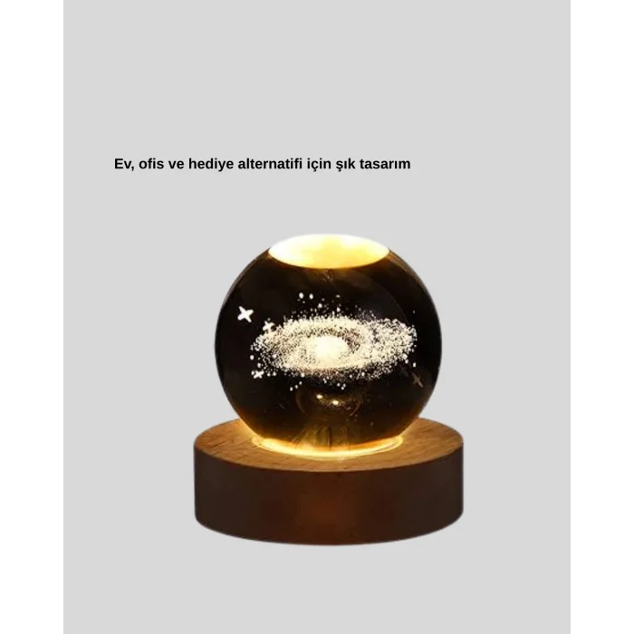BUĞZ Samanyolu Desenli Kristal Küre Ahşap Standlı Gün Işığı LED Masa Lambası