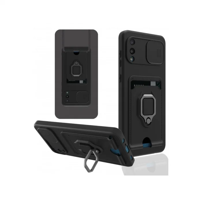 BUĞZ Samsung Galaxy A02 Kılıf Zuma Kartvizitli Yüzüklü Silikon - Siyah