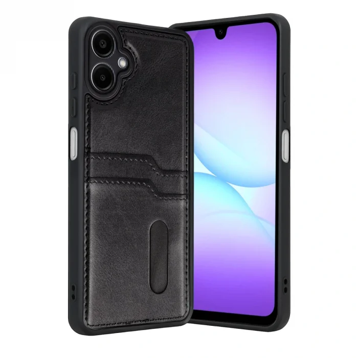 BUĞZ Samsung Galaxy A07 4g Sara Kartvizitli Deri Kılıf - Siyah