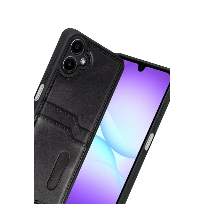 BUĞZ Samsung Galaxy A07 4g Sara Kartvizitli Deri Kılıf - Siyah
