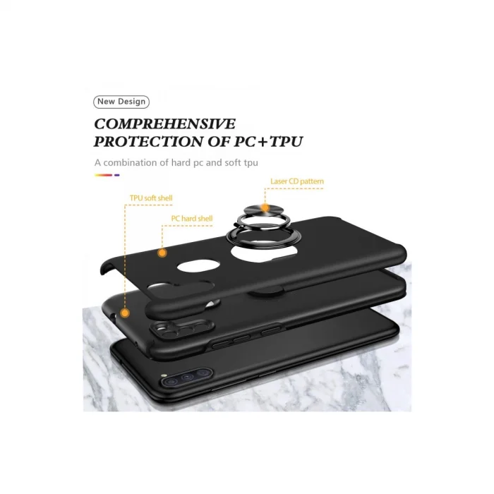 BUĞZ Samsung Galaxy A11 Kılıf Elit Yüzüklü Kapak - Siyah