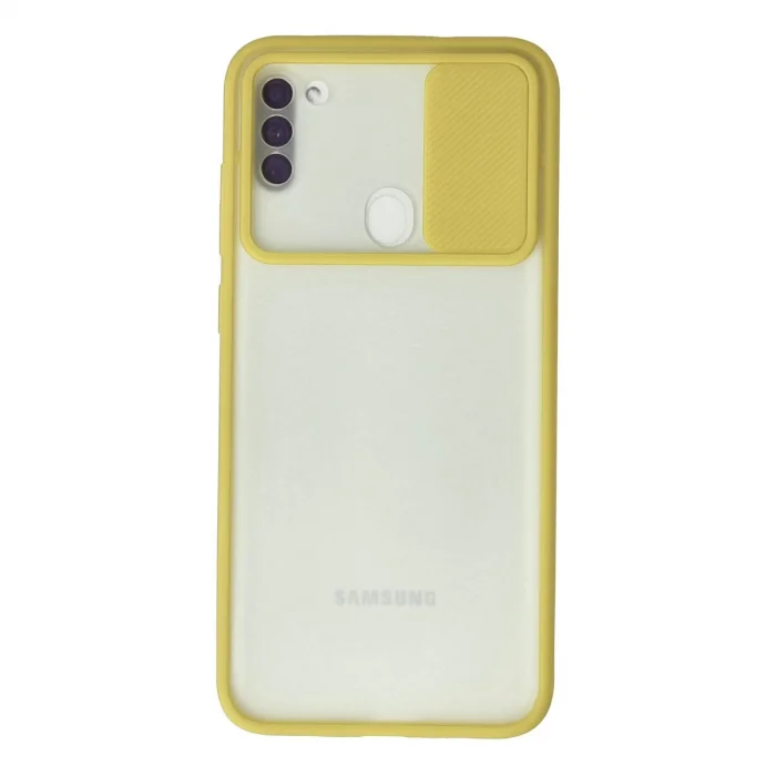 BUĞZ Samsung Galaxy A11 Kılıf Palm Buzlu Kamera Sürgülü Silikon - Sarı