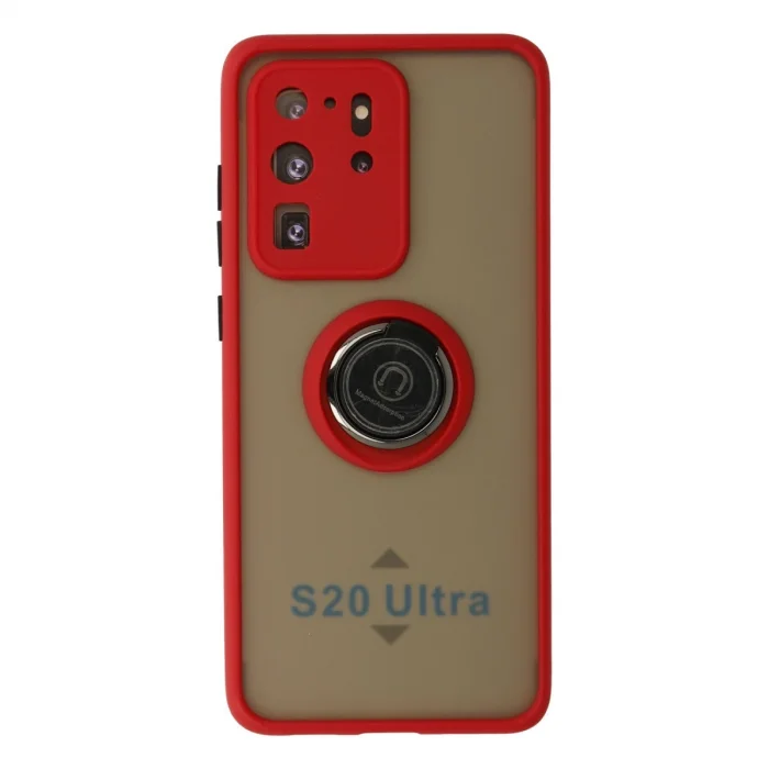 BUĞZ Samsung Galaxy S20 Ultra Kılıf Montreal Yüzüklü Silikon Kapak - Kırmızı