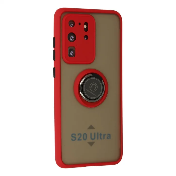 BUĞZ Samsung Galaxy S20 Ultra Kılıf Montreal Yüzüklü Silikon Kapak - Kırmızı