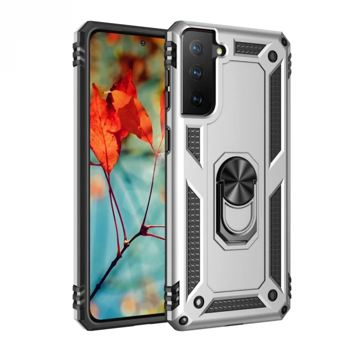 BUĞZ Samsung Galaxy S21 Kılıf Sofya Yüzüklü Silikon Kapak - Gümüş