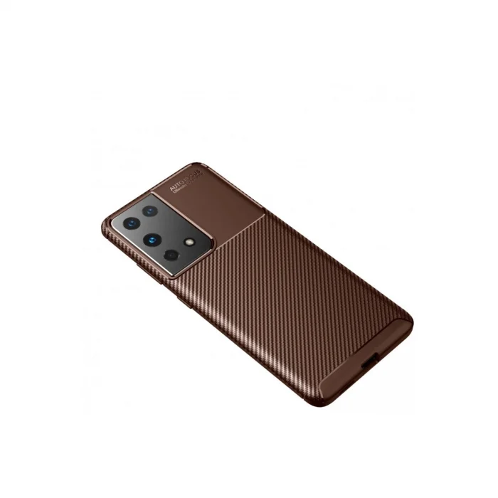 BUĞZ Samsung Galaxy S21 Ultra Kılıf Auto Focus Karbon Kapak - Kahverengi