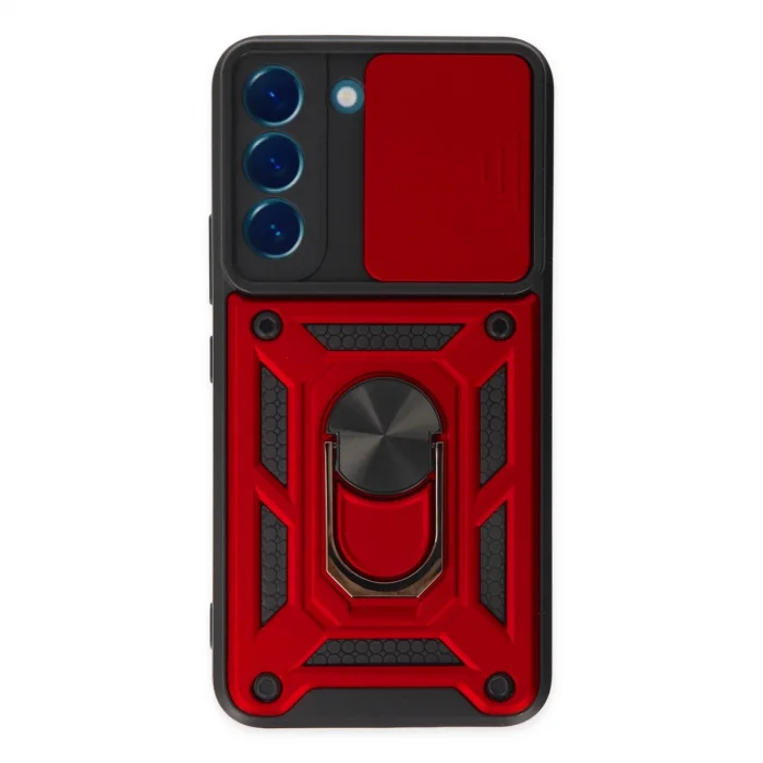 BUĞZ Samsung Galaxy S22 Kılıf Pars Lens Yüzüklü Silikon - Kırmızı