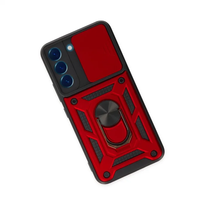 BUĞZ Samsung Galaxy S22 Kılıf Pars Lens Yüzüklü Silikon - Kırmızı