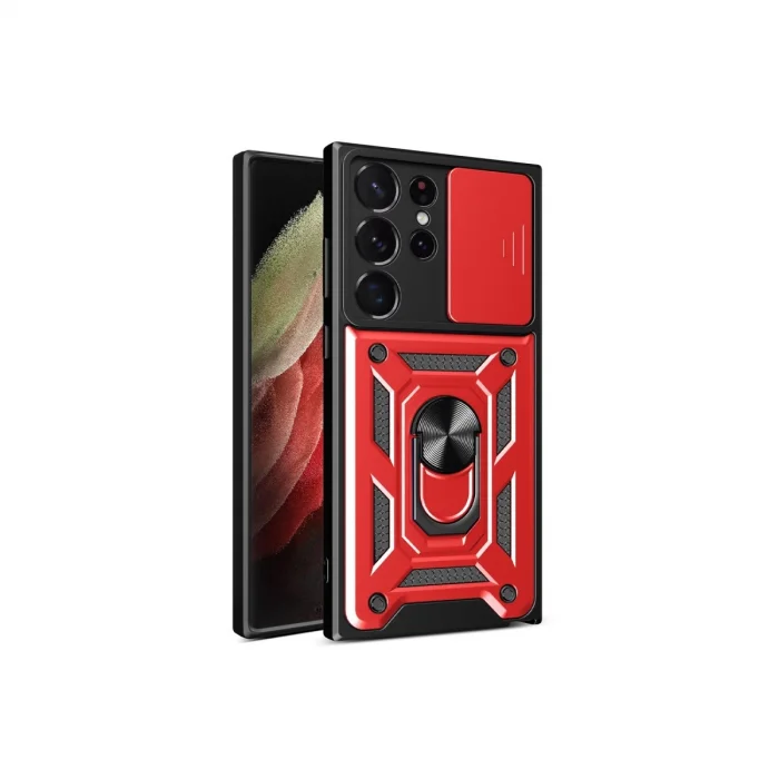 BUĞZ Samsung Galaxy S23 Ultra Kılıf Pars Lens Yüzüklü Silikon - Kırmızı