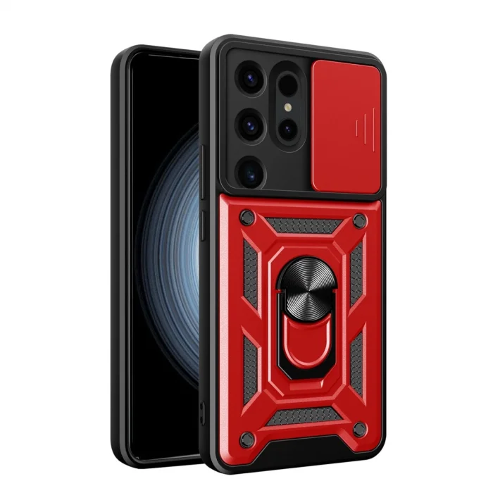 BUĞZ Samsung Galaxy S24 Ultra Kılıf Pars Lens Yüzüklü Silikon - Kırmızı