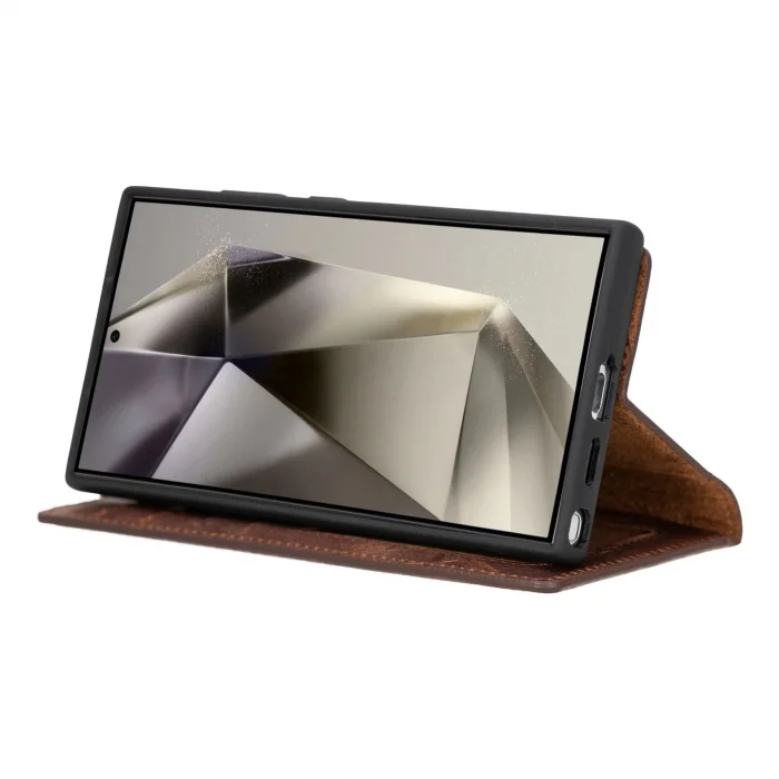  Samsung Galaxy S24 Ultra Uyumlu, Deri Cüzdanlı Kılıf, Antik Kahve