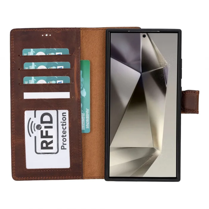  Samsung Galaxy S24 Ultra Uyumlu, Deri Cüzdanlı Kılıf, Antik Kahve