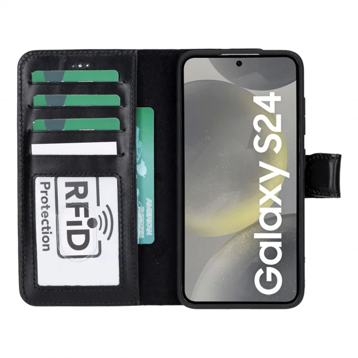 Samsung Galaxy S24 Uyumlu, Deri Cüzdanlı Kılıf, Parlak Siyah