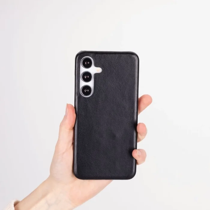 BUĞZ Samsung Galaxy S25 Plus Uyumlu, Hakiki Deri, El Yapımı Arka Kapak, Kömür Siyah