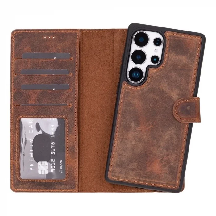  Samsung Galaxy S25 Ultra uyumlu, Hakiki Deri, El Yapımı, Cüzdanlı Kılıf, Antik Kahve