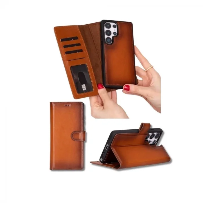  Samsung Galaxy S25 Ultra uyumlu, Hakiki Deri, El Yapımı, Cüzdanlı Kılıf, Gölgeli Taba