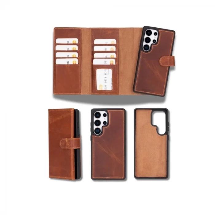  Samsung Galaxy S25 Ultra uyumlu, Hakiki Deri, El Yapımı, Cüzdanlı Kılıf, Karamel