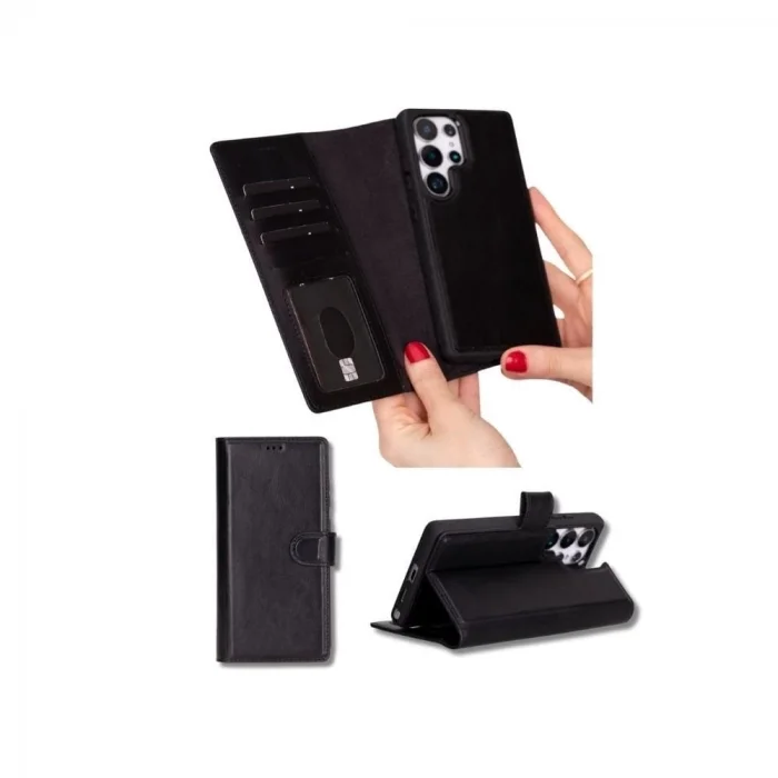  Samsung Galaxy S25 Ultra uyumlu, Hakiki Deri, El Yapımı, Cüzdanlı Kılıf, Parlak Siyah