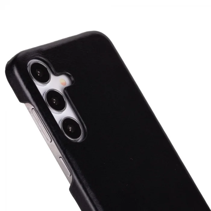 BUĞZ Samsung Galaxy S25 Uyumlu, Hakiki Deri, El Yapımı Arka Kapak, Kömür Siyah