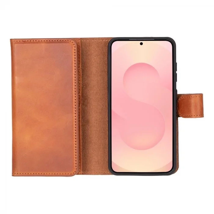  Samsung Galaxy S25 uyumlu, Hakiki Deri, El Yapımı, Cüzdanlı Kılıf, Gölgeli Kahve