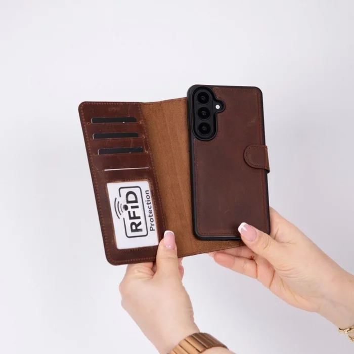 BUĞZ Samsung Galaxy S26 Plus Uyumlu Manyetik Hakiki Deri Cüzdan Kılıf ,Cüzdan Taşımaya Son, Kredi Kart Yuvalı, RFID Güvenlik