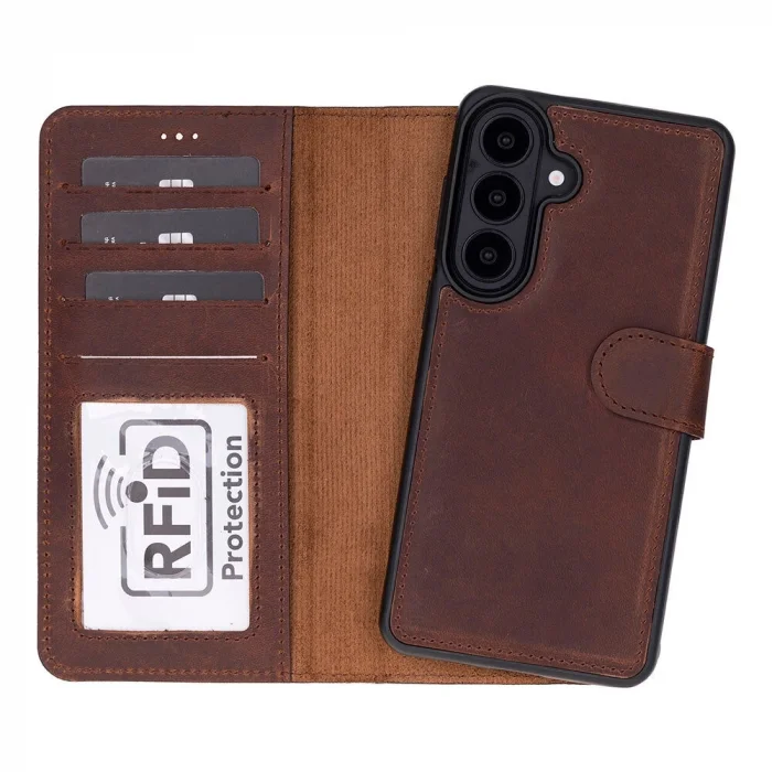 BUĞZ Samsung Galaxy S26 Plus Uyumlu Manyetik Hakiki Deri Cüzdan Kılıf ,Cüzdan Taşımaya Son, Kredi Kart Yuvalı, RFID Güvenlik