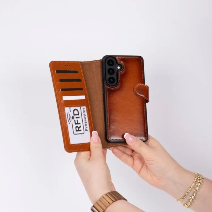 BUĞZ Samsung Galaxy S26 Uyumlu Manyetik Hakiki Deri Cüzdan Kılıf ,Cüzdan Taşımaya Son, Kredi Kart Yuvalı, RFID Güvenlik
